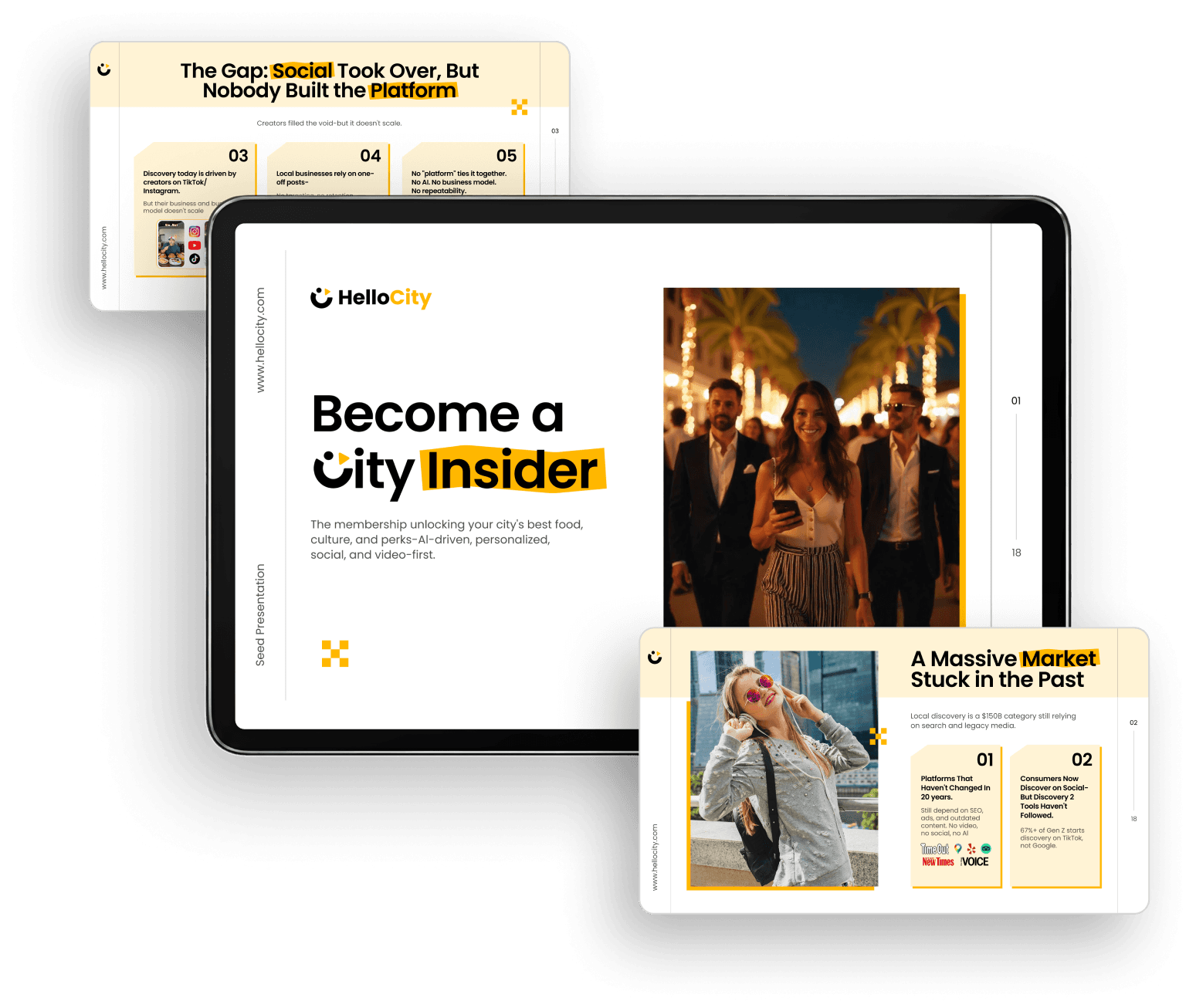 Investor pitch deck slides presented across a laptop and supporting cards