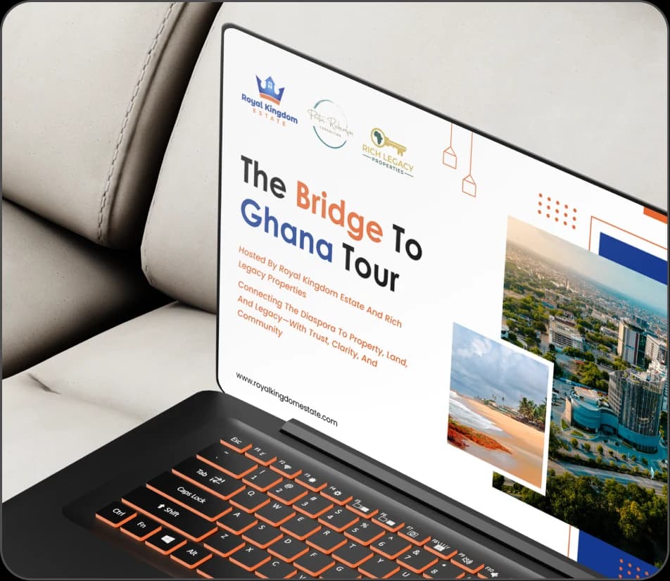 Royal Kingdom Bridge to Ghana Tour presentation displayed on a laptop