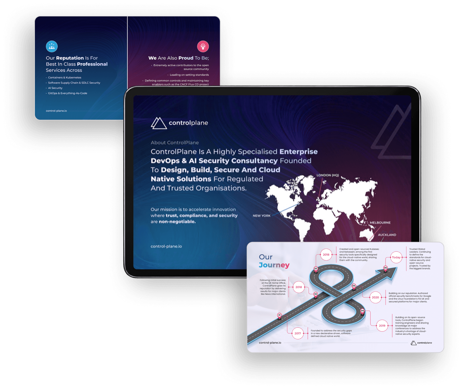 Sales presentation slides displayed on a laptop and supporting cards