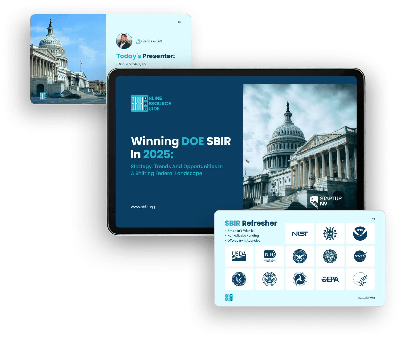 Startup pitch deck displayed on a laptop with supporting presentation slides