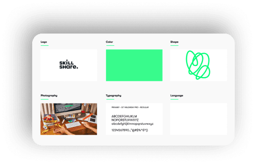 Skillshare brand board with typography, colors, and photography