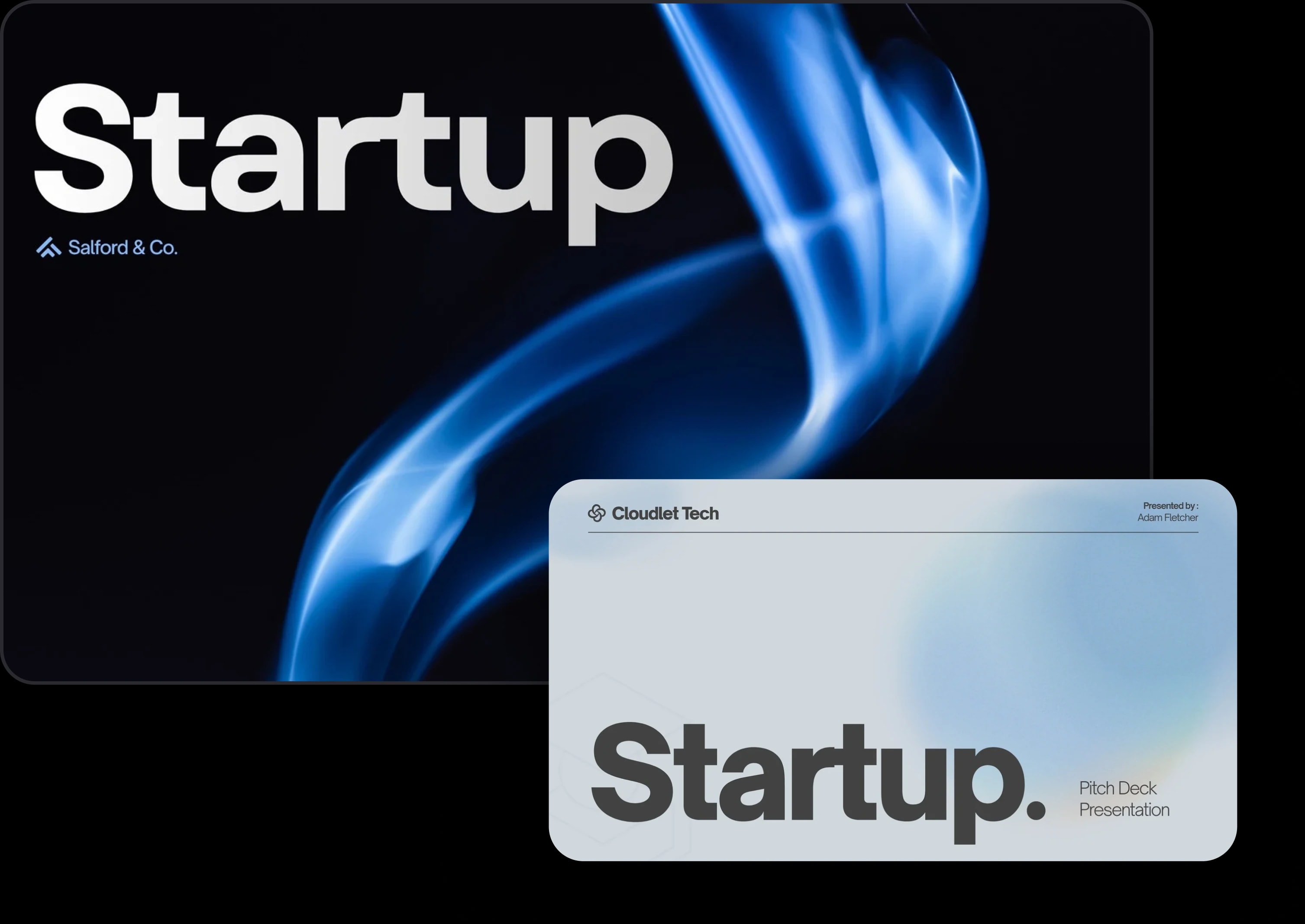 Startup pitch deck slides shown as a layered presentation design mockup