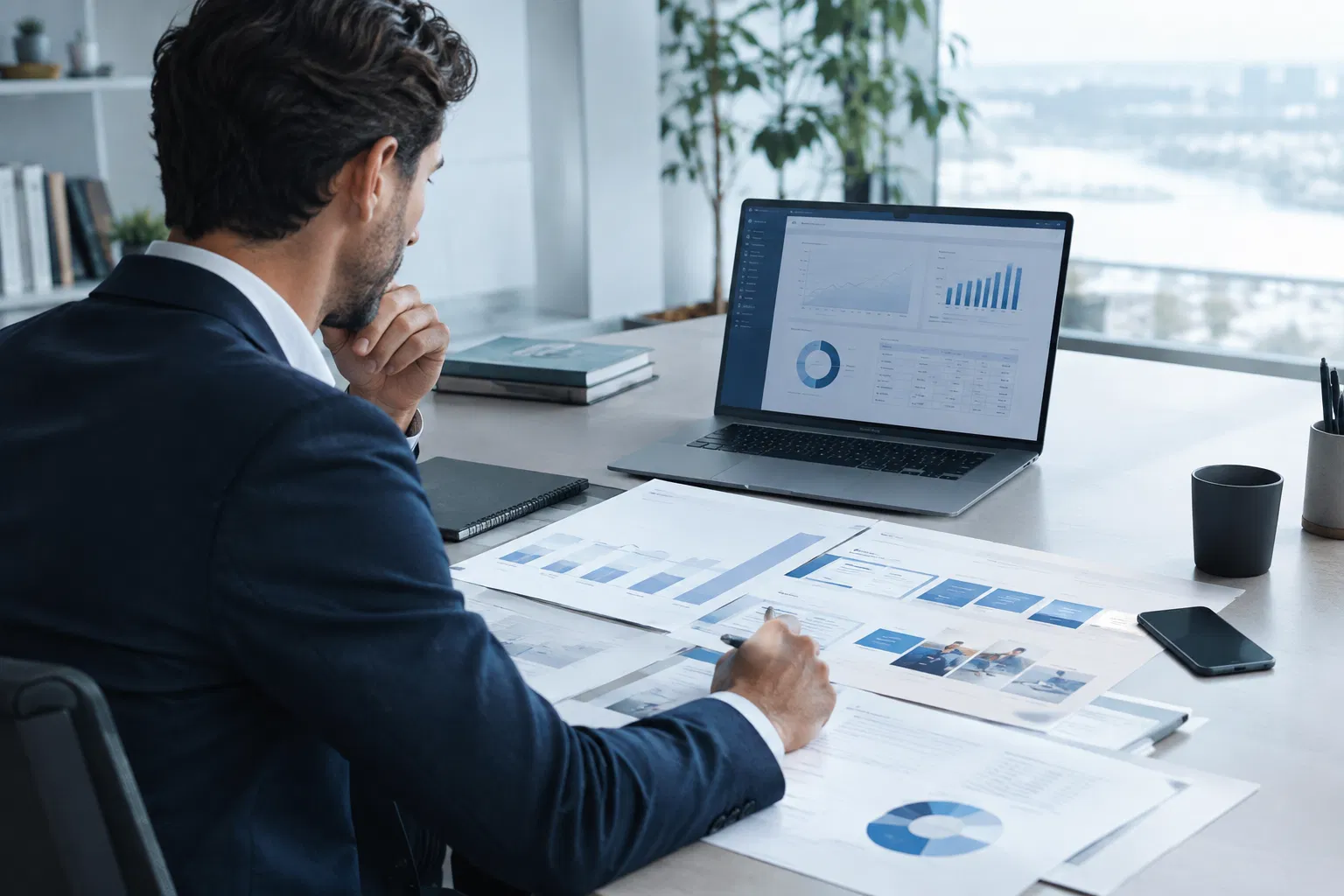 Founder reviewing a polished financial presentation with charts and forecast layouts