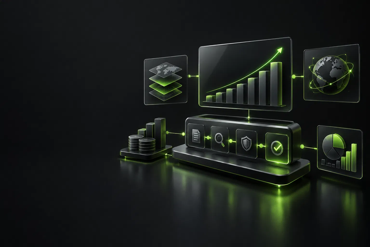 Abstract 3D illustration of a structured Series A fundraising deck with connected traction, market, and financial analysis panels