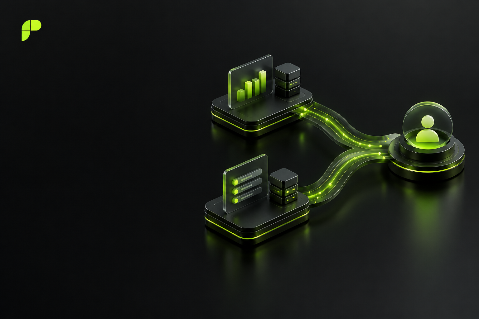 3D illustration of two business platforms exchanging value through a shared customer pathway